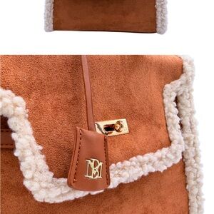 NWT Badgley Mischka Brown Shearling Trim Women Bag